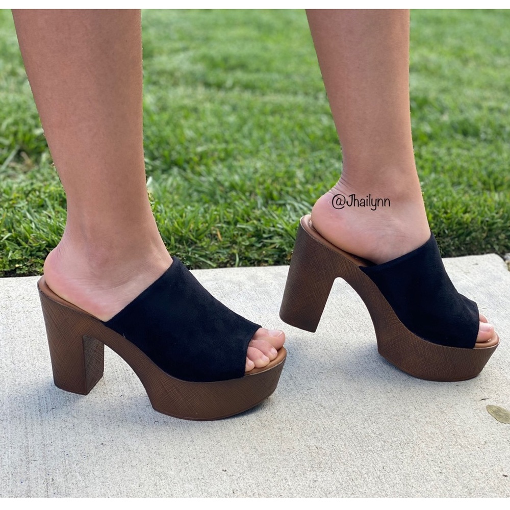 Black block heel suede open toe clog mule